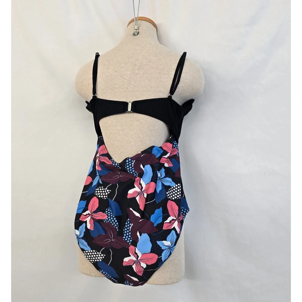 Cupshe One Piece Knotted Front Swimsuit Women's XXL Black Floral Scalloped NWOT